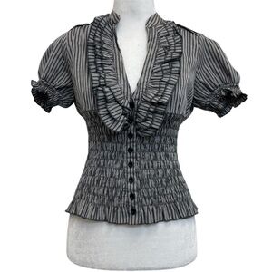 Hiatus Gray Striped Ruffle Front Smocked Button Front Short Sleeve Blouse